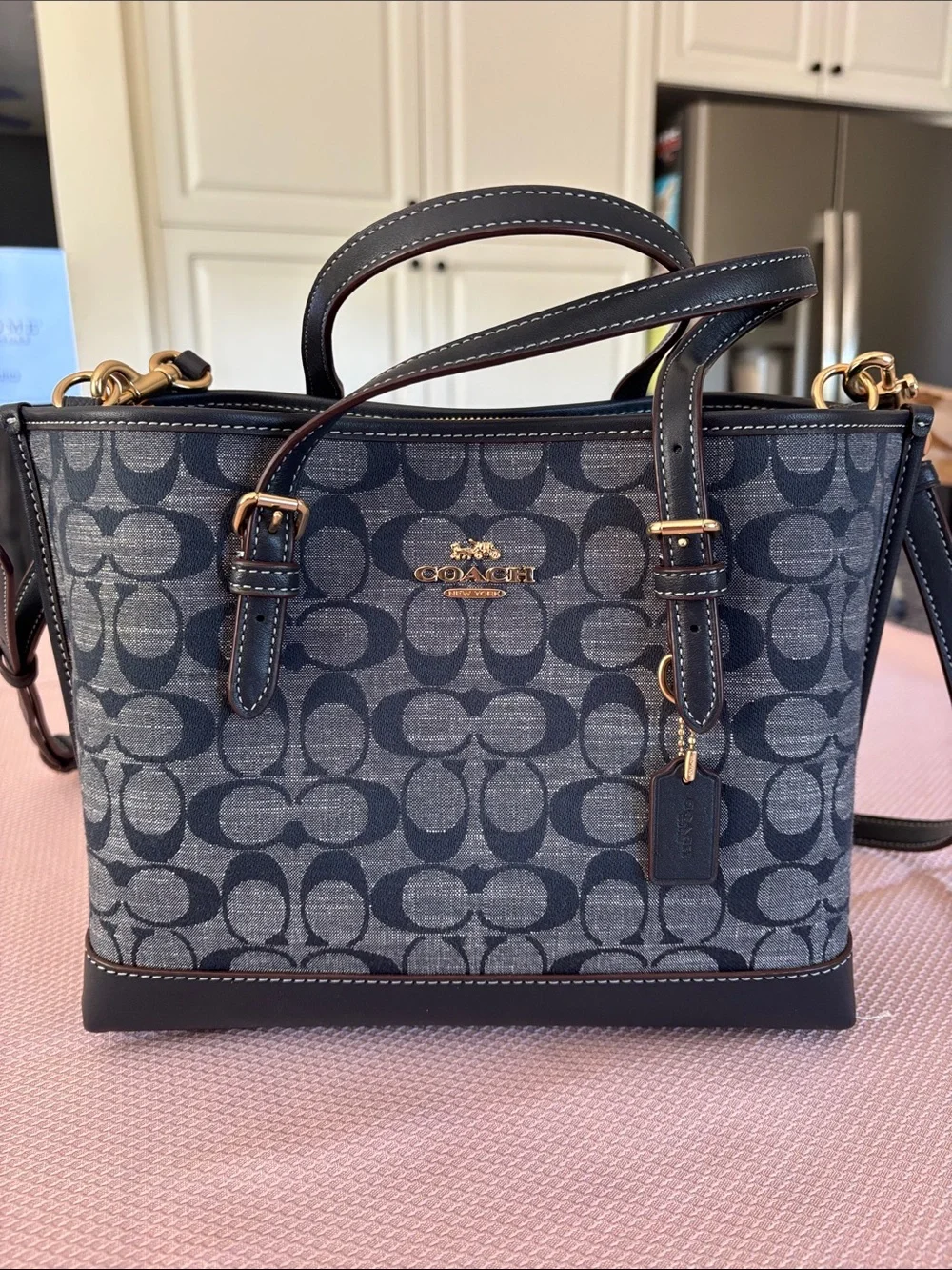Coach Navy Signature Jacquard Satchel with Gold Hardware